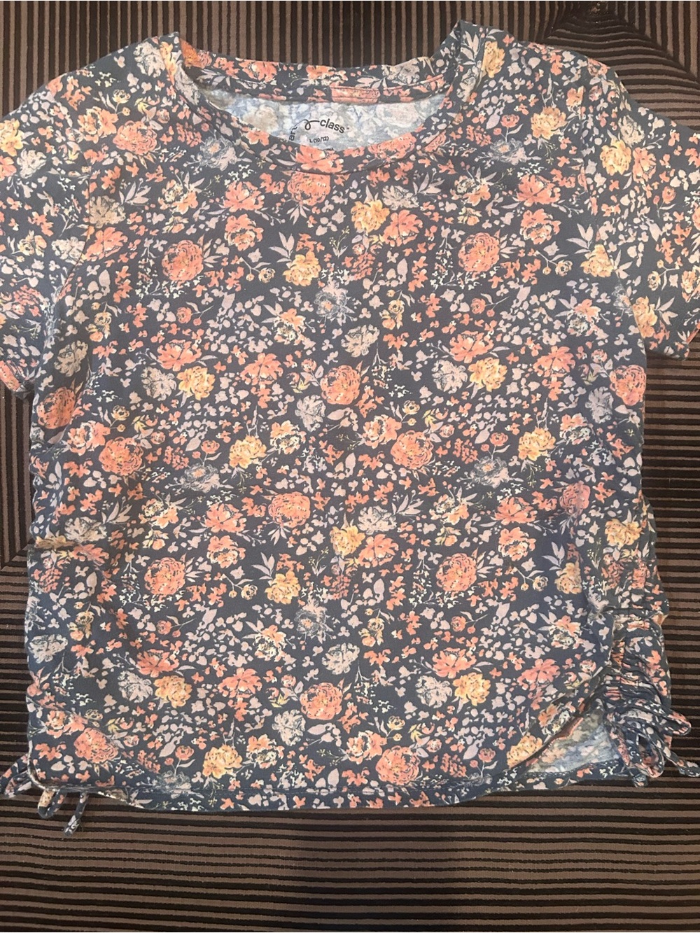 Childrens Floral Drawstring Tee - (Blue with Peach Floral)